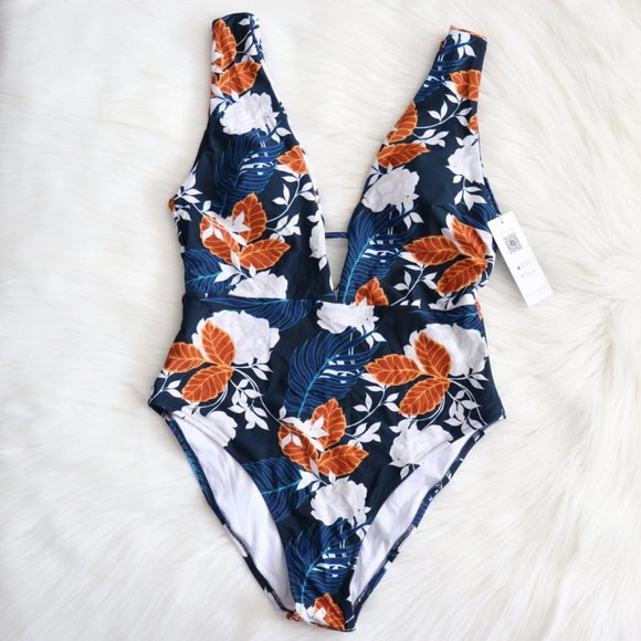 Blue Floral V Neck One Piece Swimsuit Sz L- Swim - Picture 2 of 7